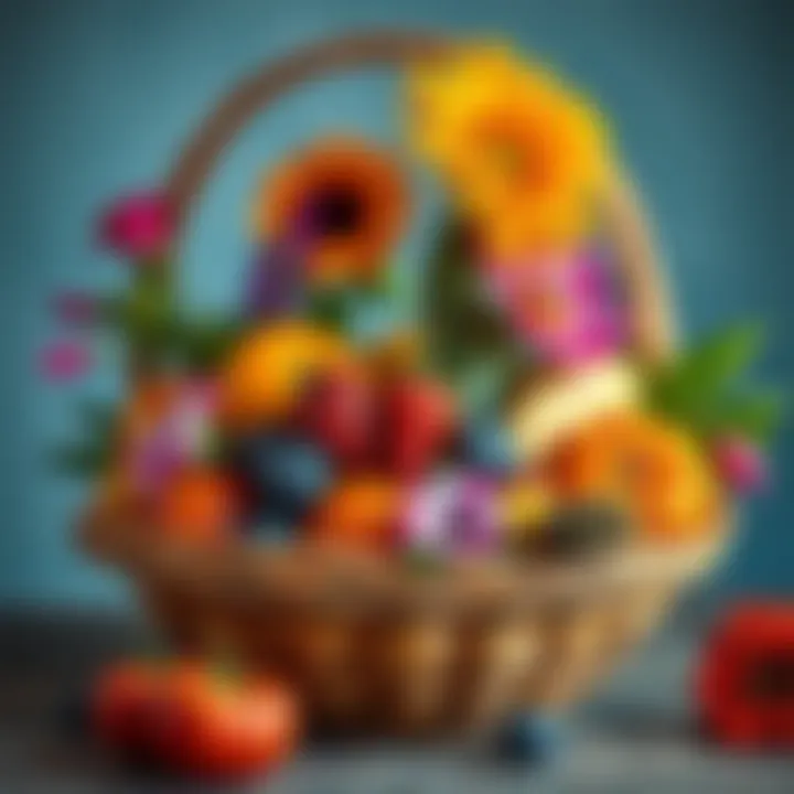 Exquisite arrangement of vibrant fruits and flowers in a rustic basket