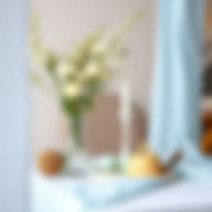 Light blue cheesecloth as part of a chic home decor arrangement.