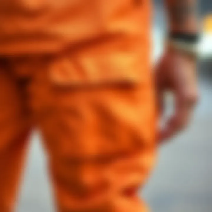 Cargo Pocket Details on Orange Pants Close-up of cargo pocket detailing on orange pants