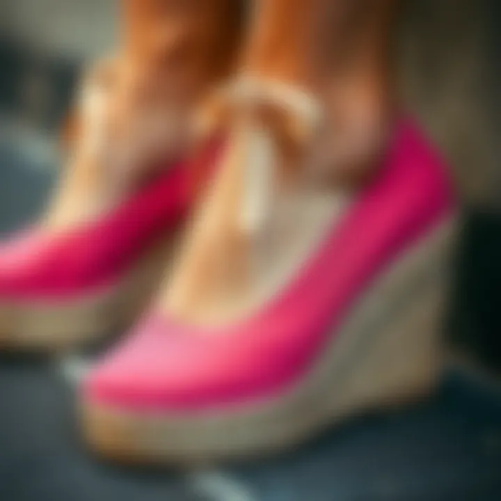 Close-up of pink espadrille wedge detailing and texture