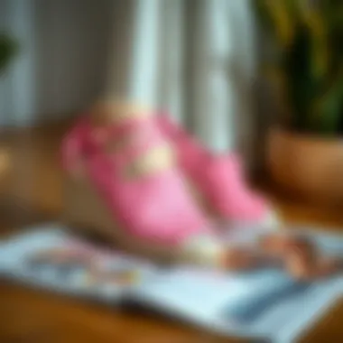 Stylish pink espadrille wedges displayed on a fashion magazine