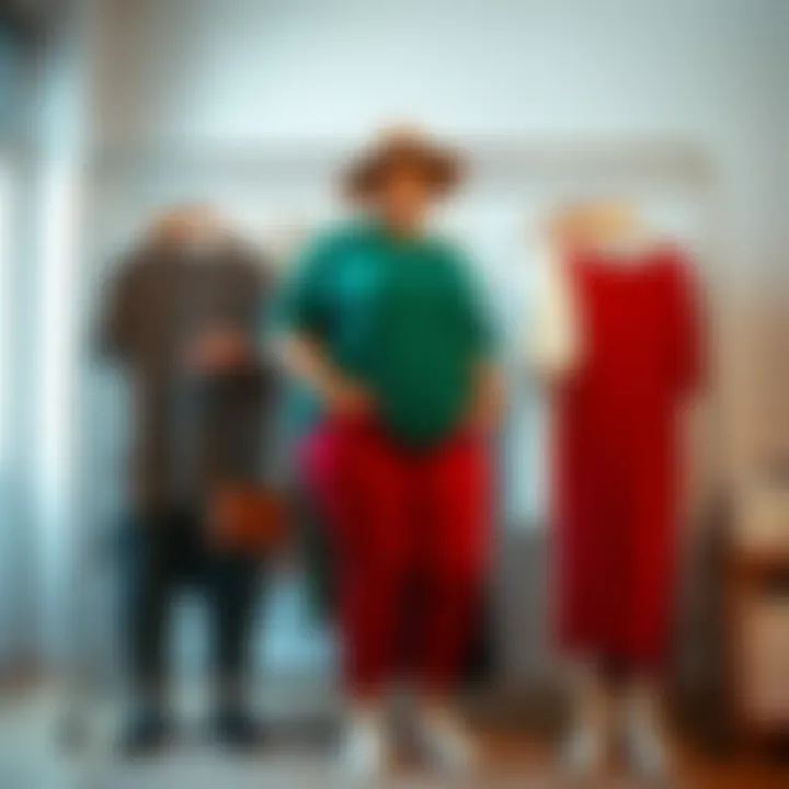 Diverse styling options for plus size long t-shirts in a wardrobe setup