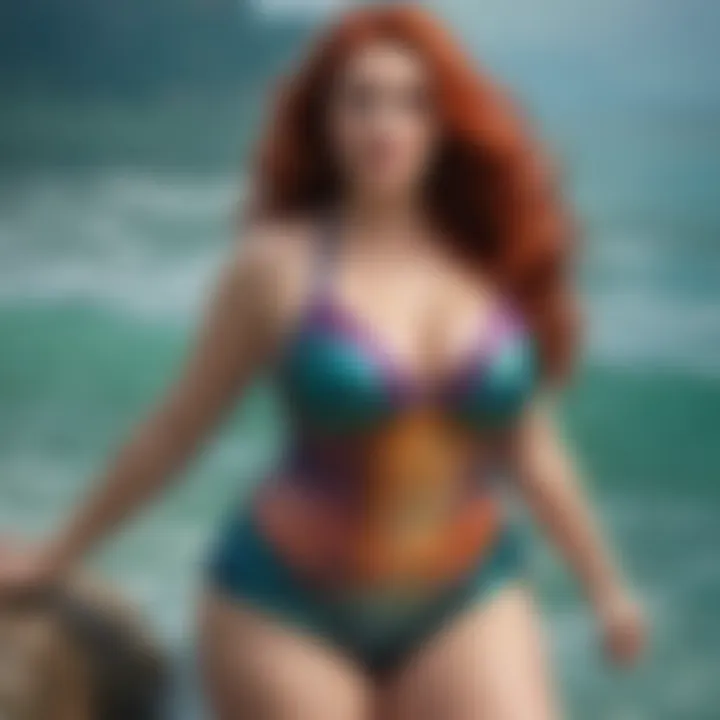 Elegant plus size mermaid bathing suit showcasing vibrant colors and unique patterns