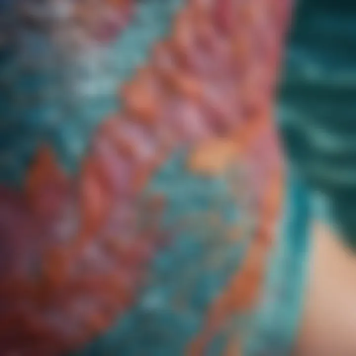 Close-up of the intricate design and fabric texture of a plus size mermaid bathing suit