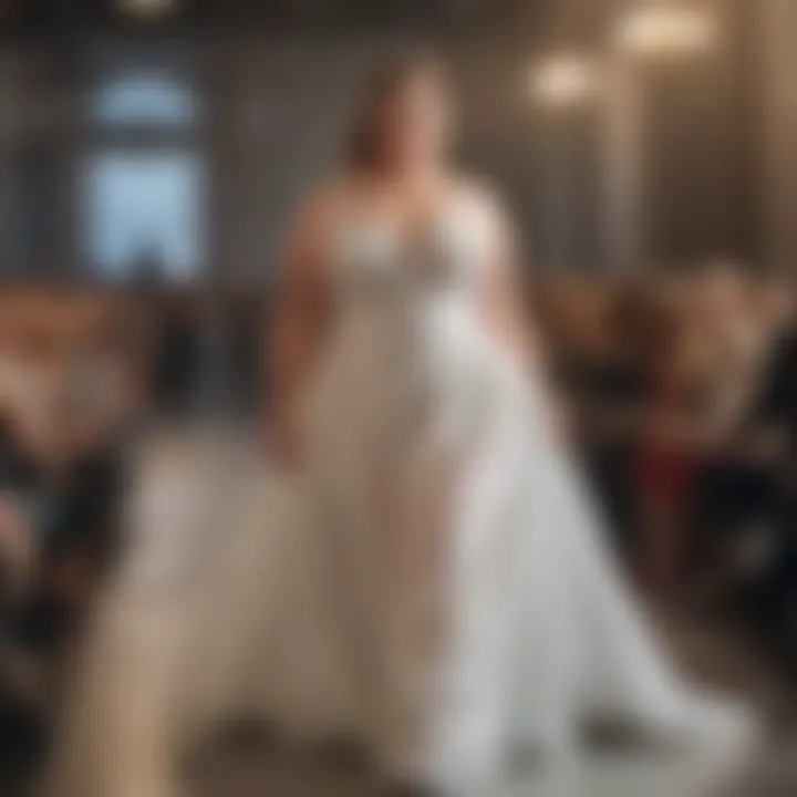 A model confidently walking the runway in an elegant plus size gown, emphasizing style and grace.