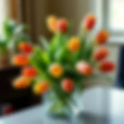 Elegant arrangement of real touch faux tulips in a modern vase