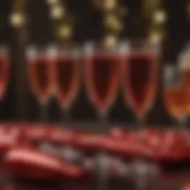 A vibrant party scene featuring red plastic champagne glasses