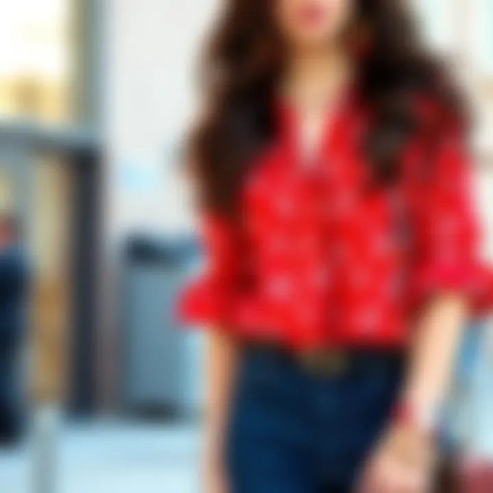 Red printed blouse paired with accessories and shoes
