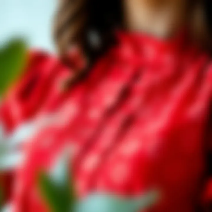 Close-up of intricate patterns on a red blouse