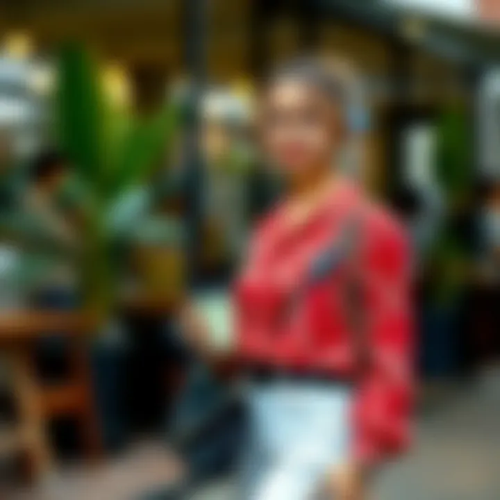 Stylish outfit showcasing the red printed blouse in a casual setting