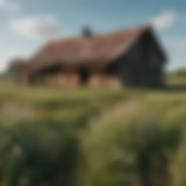 Weathered barn surrounded by wildflowers