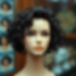 A stylish short curly wig with bangs on a mannequin head