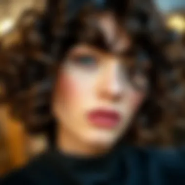 A close-up of the texture and curls of a short wig with bangs