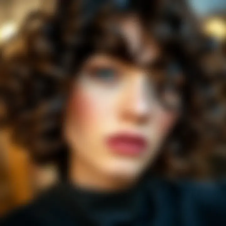 A close-up of the texture and curls of a short wig with bangs