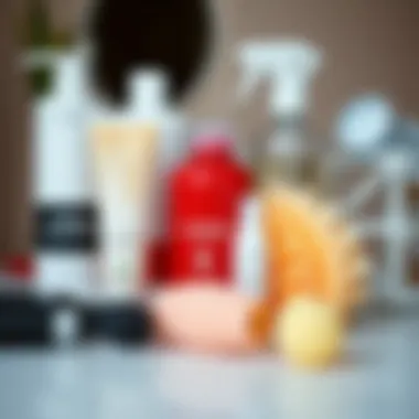 A collection of hair care products alongside sponge curlers.