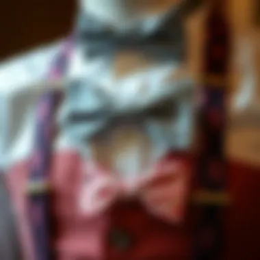 Different fabric choices for suspender bow tie sets displayed elegantly.