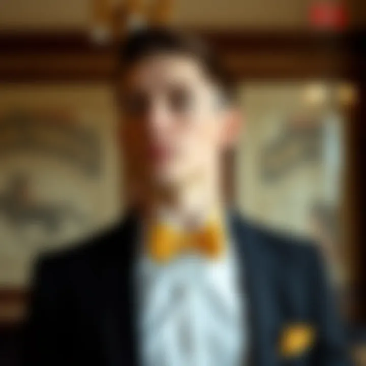 A stylish ensemble featuring a suspender bow tie set in a formal setting.