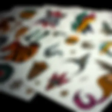 A close-up view of various temporary tattoo sheets featuring diverse artwork.