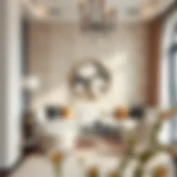 Elegant living room featuring terrazzo contact paper accent wall