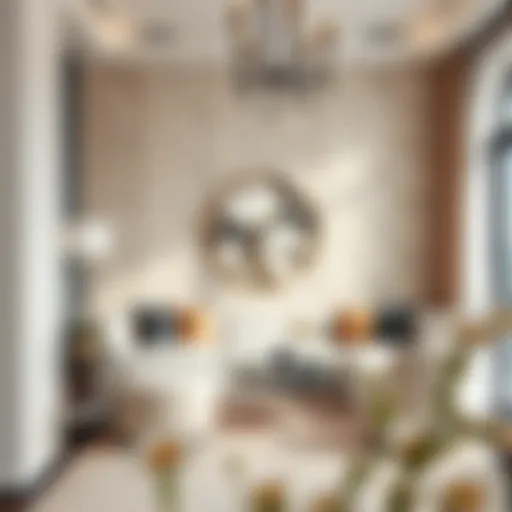 Elegant living room featuring terrazzo contact paper accent wall