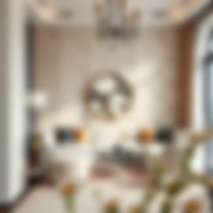 Elegant living room featuring terrazzo contact paper accent wall