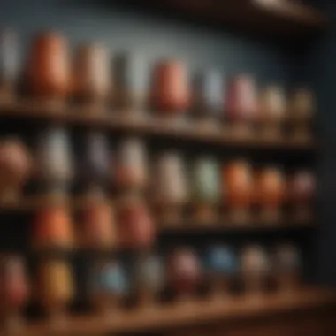 A collection of diverse small boho lampshades displayed on a vintage shelf