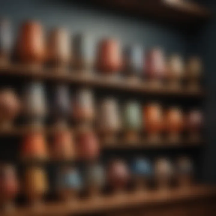 A collection of diverse small boho lampshades displayed on a vintage shelf
