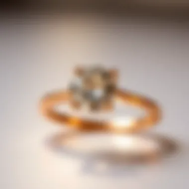 Close-up view of a 14k rose gold CZ ring reflecting light