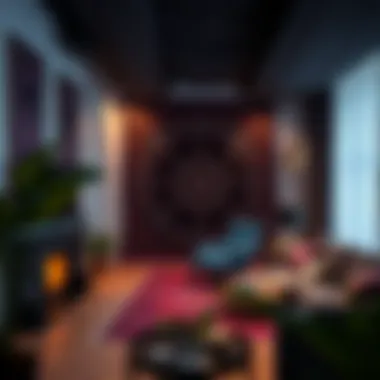 Transformative Interior with Tapestry A room adorned with black and purple tapestry, enhancing the ambiance