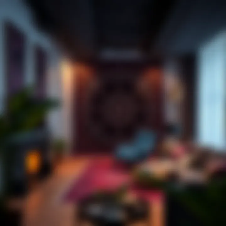 Transformative Interior with Tapestry A room adorned with black and purple tapestry, enhancing the ambiance