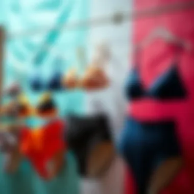 Variety of high-waisted swimsuits displayed on a colorful backdrop