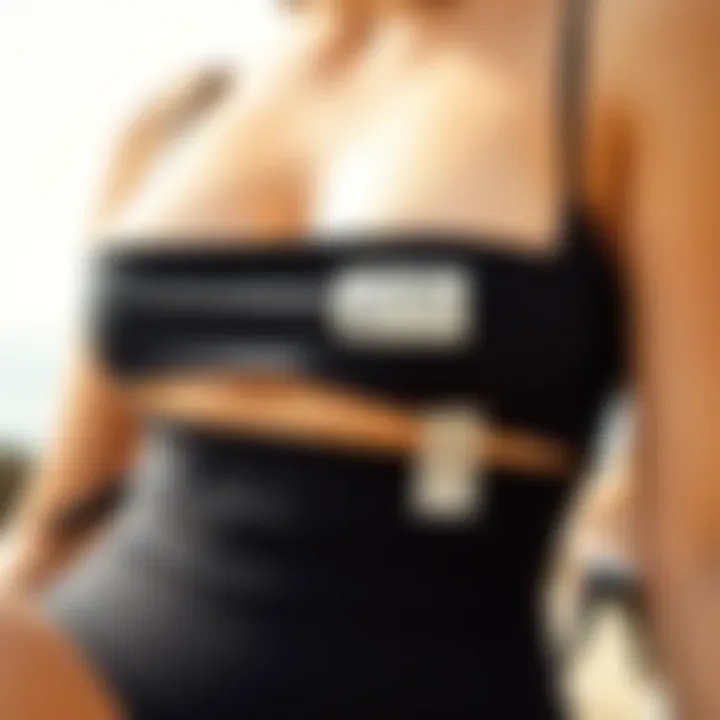 Close-up of sustainable swimwear fabric with eco-friendly labels