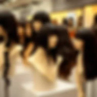 Variety of long dark brown wigs displayed on elegant mannequins