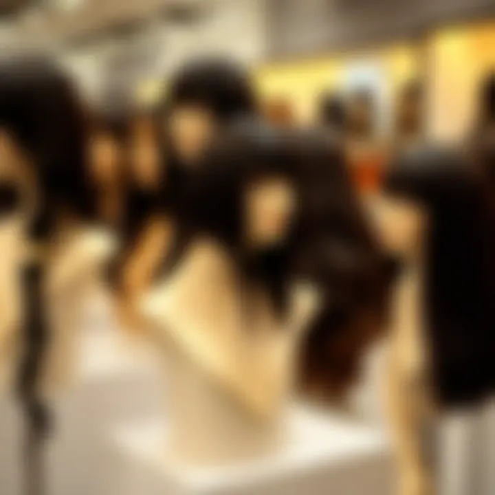 Variety of long dark brown wigs displayed on elegant mannequins