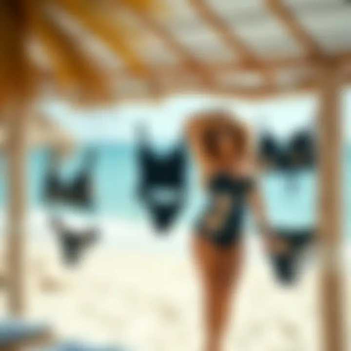 Stylish beach setting with navy floral swimsuits on display