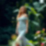 Elegant off shoulder mermaid bridesmaid dress in a lush garden setting
