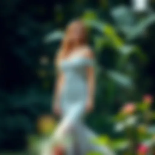Elegant off shoulder mermaid bridesmaid dress in a lush garden setting