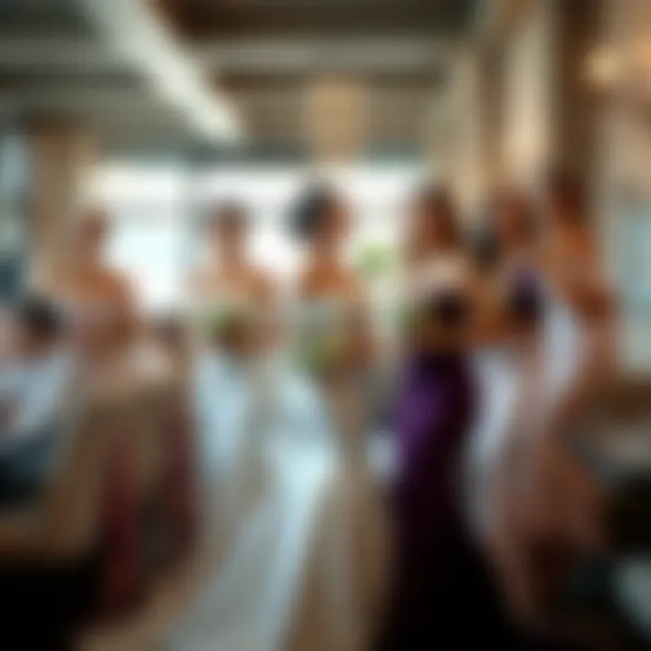 Bridesmaids wearing matching off shoulder mermaid dresses in a chic venue