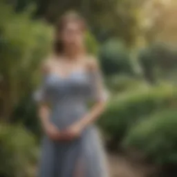 Elegant off the shoulder mesh dress in a garden setting