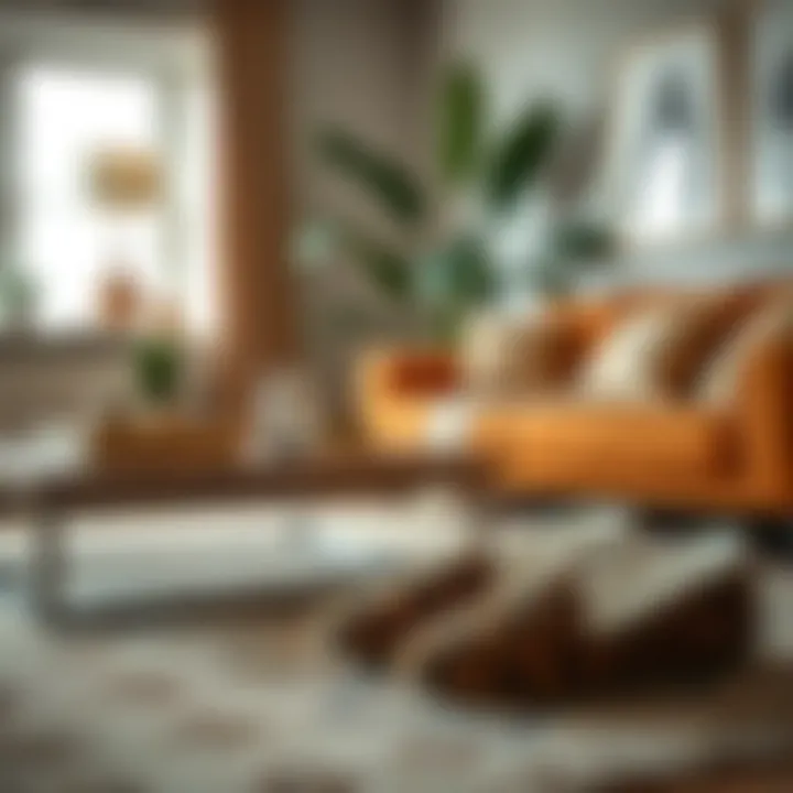 A stylish living room featuring leopard house slippers by the coffee table