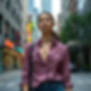 Fashionable woman wearing a criss-cross shirt in an urban setting