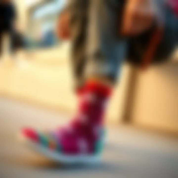 A fashionable individual wearing colorful picture socks in a casual setting