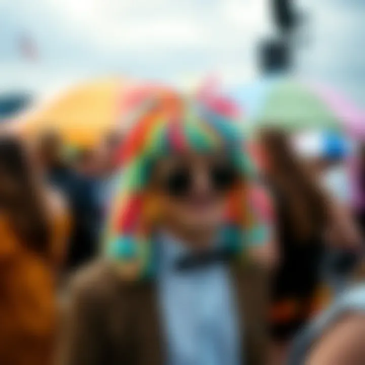 A stylish individual wearing a colorful hippie wig at a festival