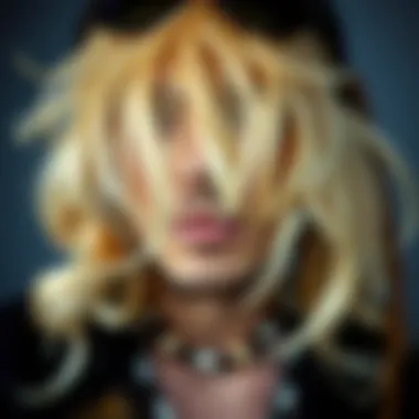 Close-up of a carefully styled hippie wig with accessories