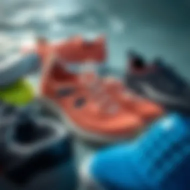 Diverse designs of aquatic footwear arranged aesthetically.