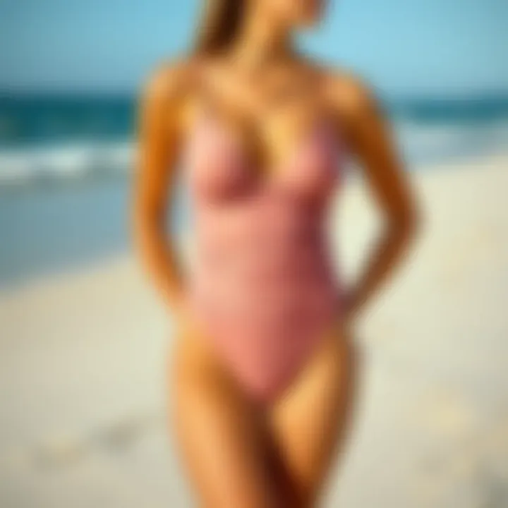 Elegant ruched bottom one piece swimsuit displayed on a sandy beach