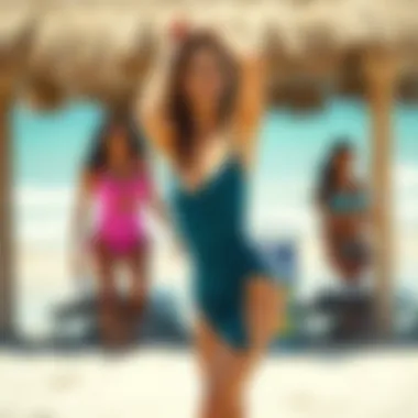 Stylish beach scene featuring diverse styling options for the ruched bottom swimsuit