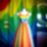 A stunning rainbow princess dress displayed on a mannequin against a colorful backdrop