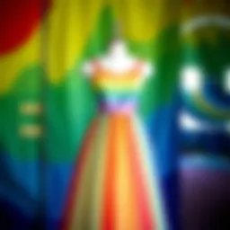 A stunning rainbow princess dress displayed on a mannequin against a colorful backdrop