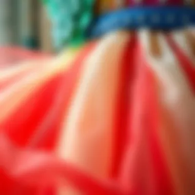 Close-up of intricate design elements on a rainbow princess dress, showcasing craftsmanship